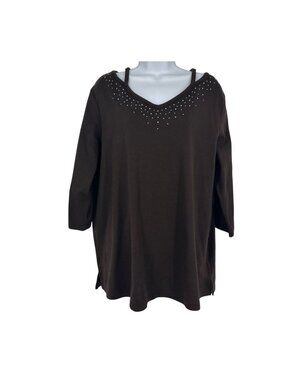 Quacker Factory Women's 1X Brown V-Neck Rhinestone Detail 3/4 Sleeves Size 1X